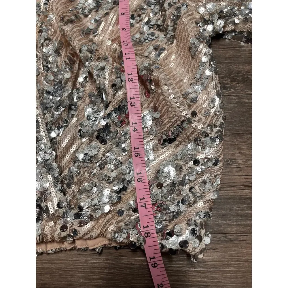 ASTR The Label Primadonna Champagne Silver Sequin Puff Sleeve Party Glam Top S
